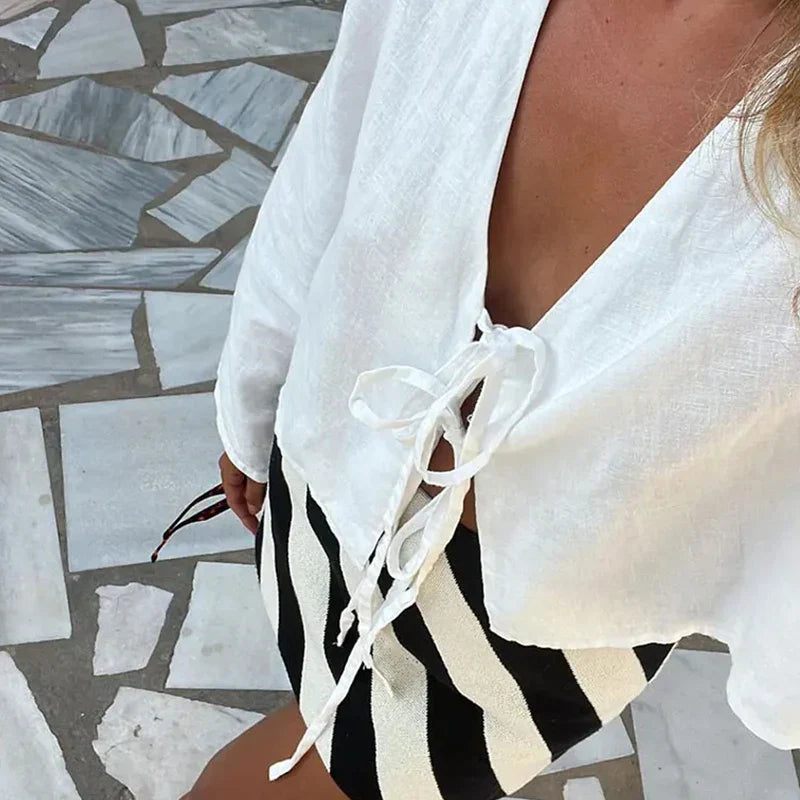 Leinen Crop Top Damen Frontbindung Verkuerzte Laenge