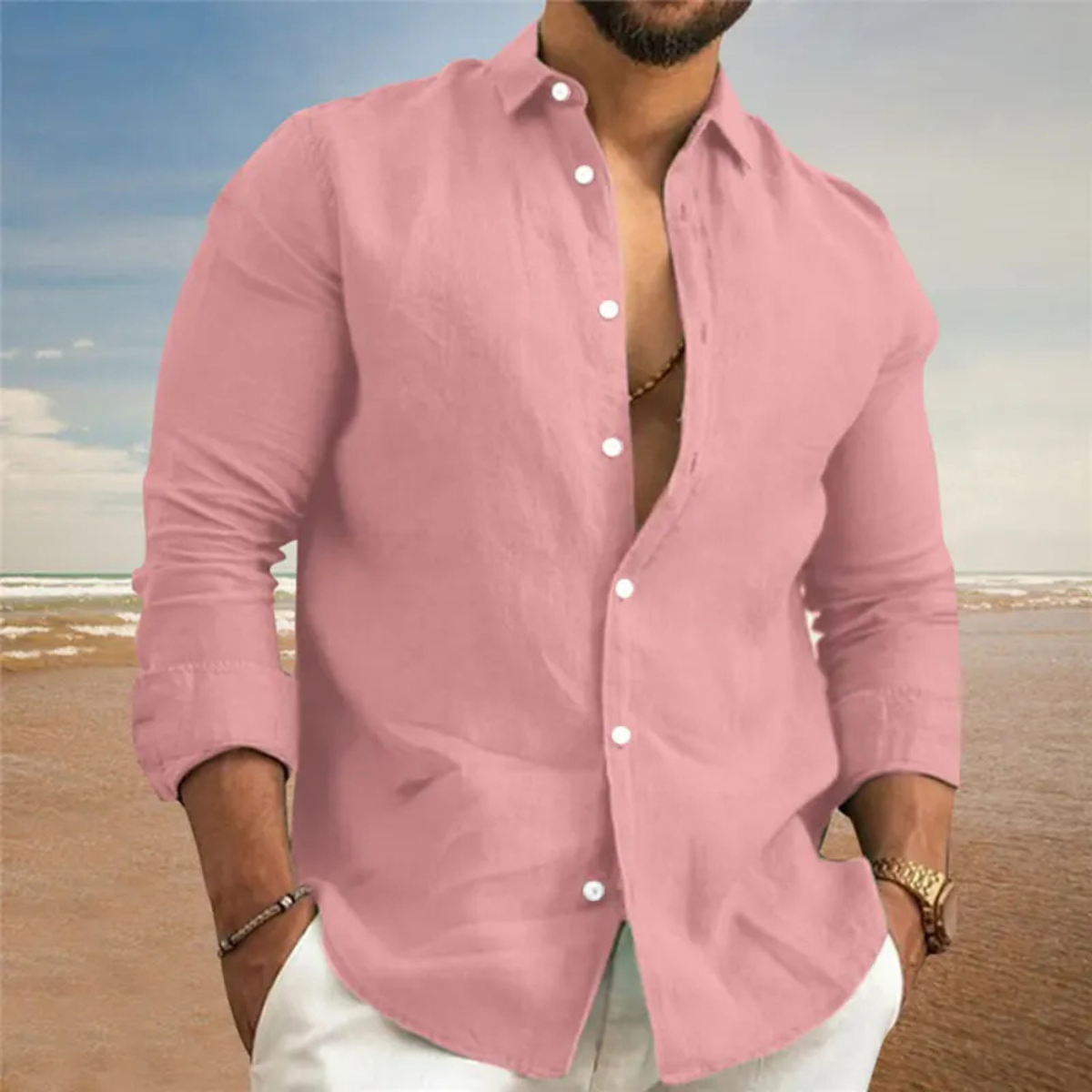 Leinen Hemd Herren Regular Fit Langarm Knopfleiste Kragen