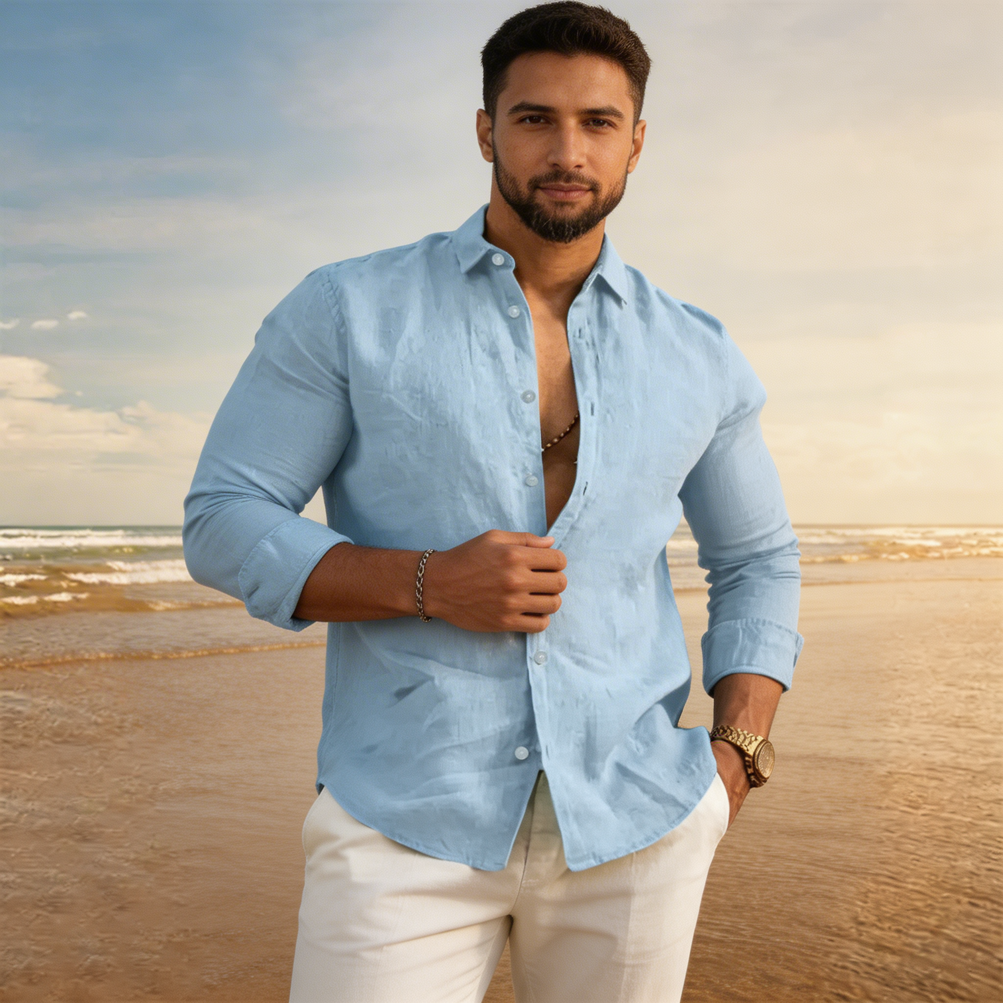 Leinen Hemd Herren Regular Fit Langarm Knopfleiste Kragen