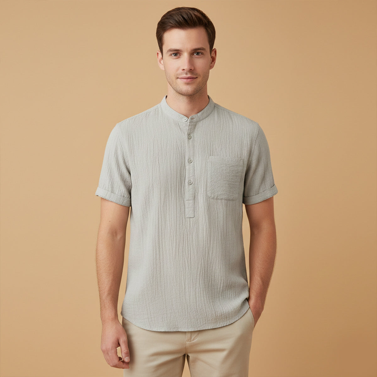 Herren Henley Hemd Baumwolle Leinen Kurzarm Schnitt