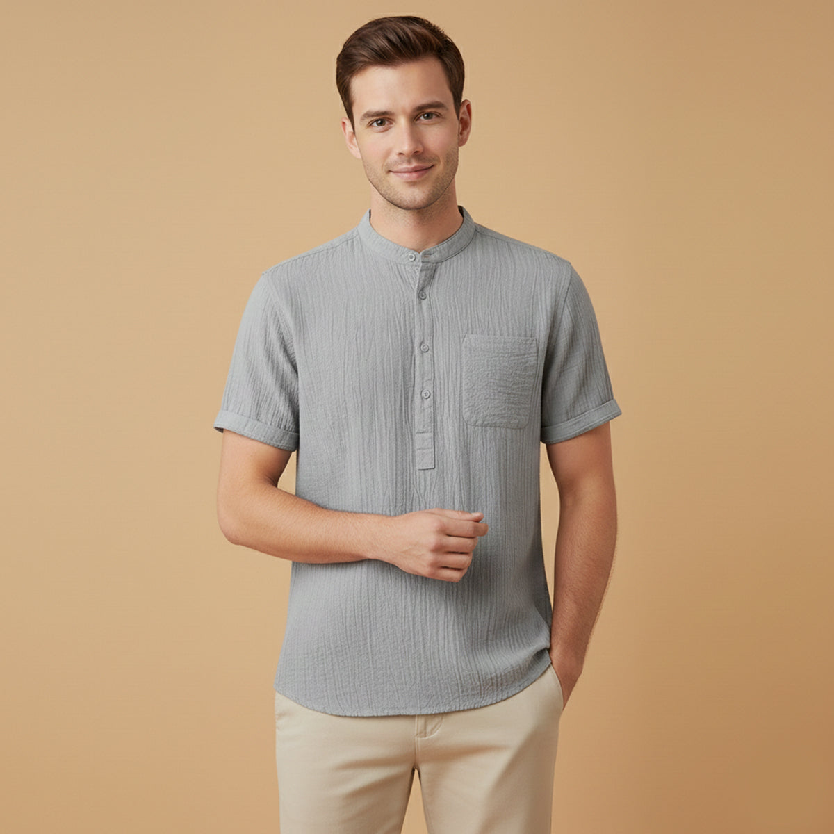 Herren Henley Hemd Baumwolle Leinen Kurzarm Schnitt