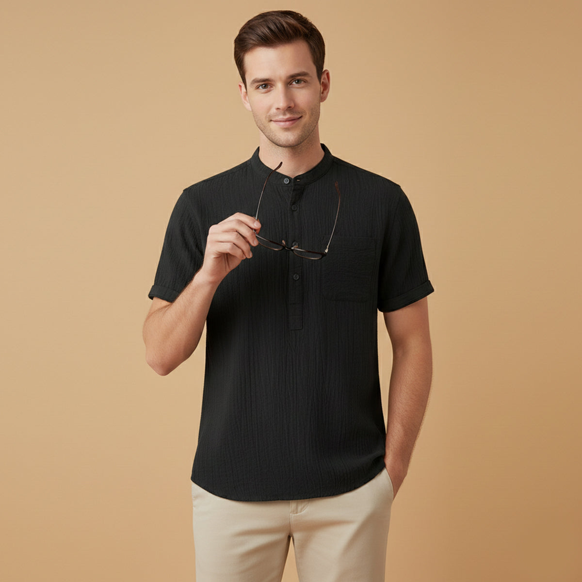 Herren Henley Hemd Baumwolle Leinen Kurzarm Schnitt