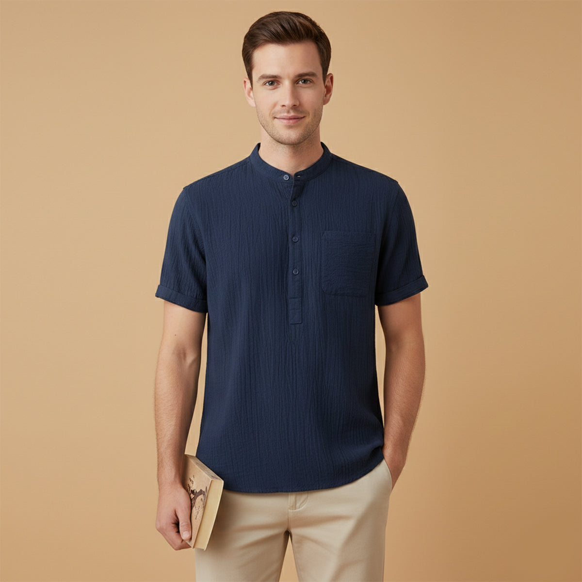 Herren Henley Hemd Baumwolle Leinen Kurzarm Schnitt