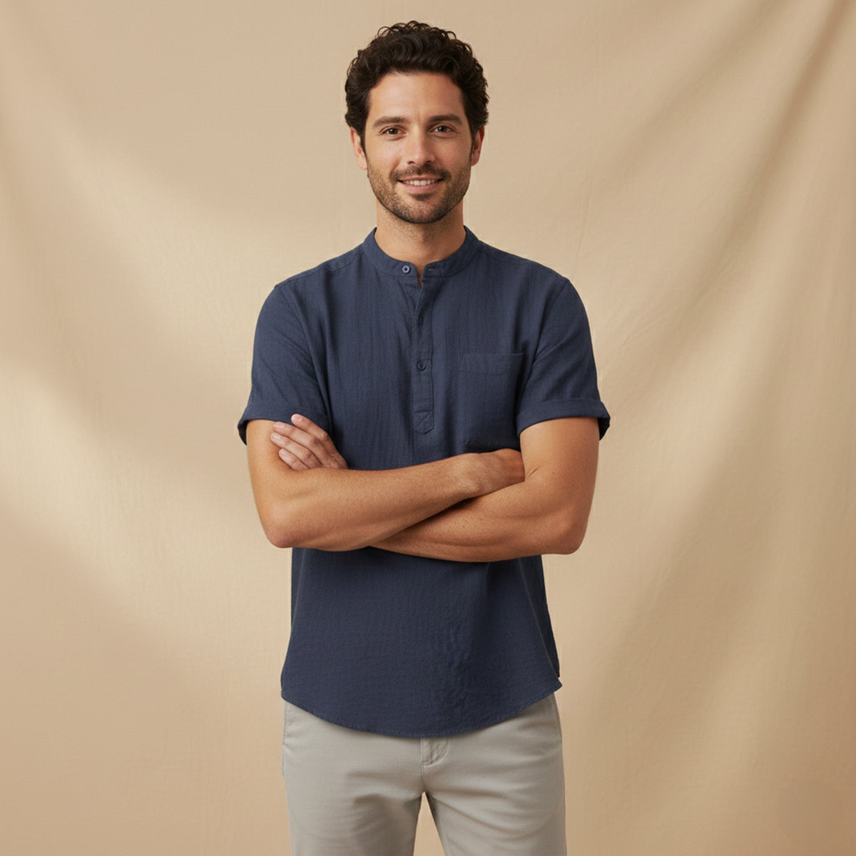 Herren Hemd Baumwolle Lockere Passform Kurzarm Henley