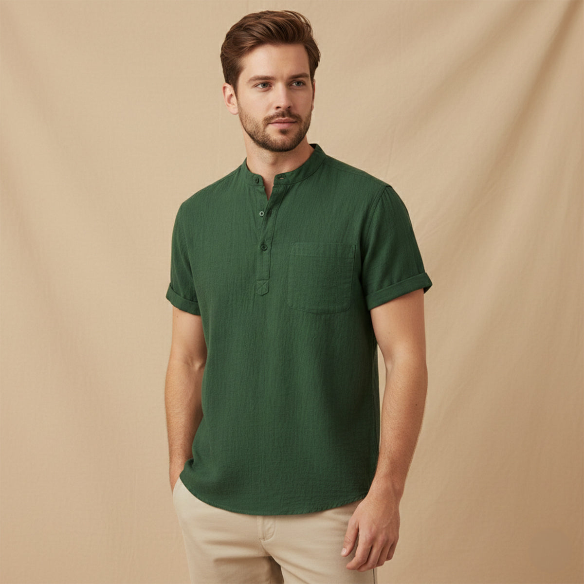 Herren Hemd Baumwolle Lockere Passform Kurzarm Henley