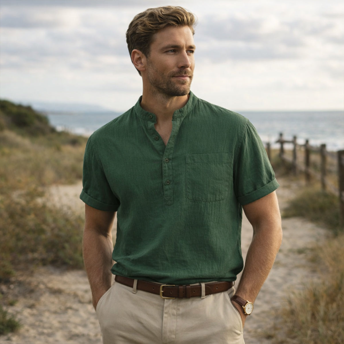 Herren Hemd Baumwolle Lockere Passform Kurzarm Henley