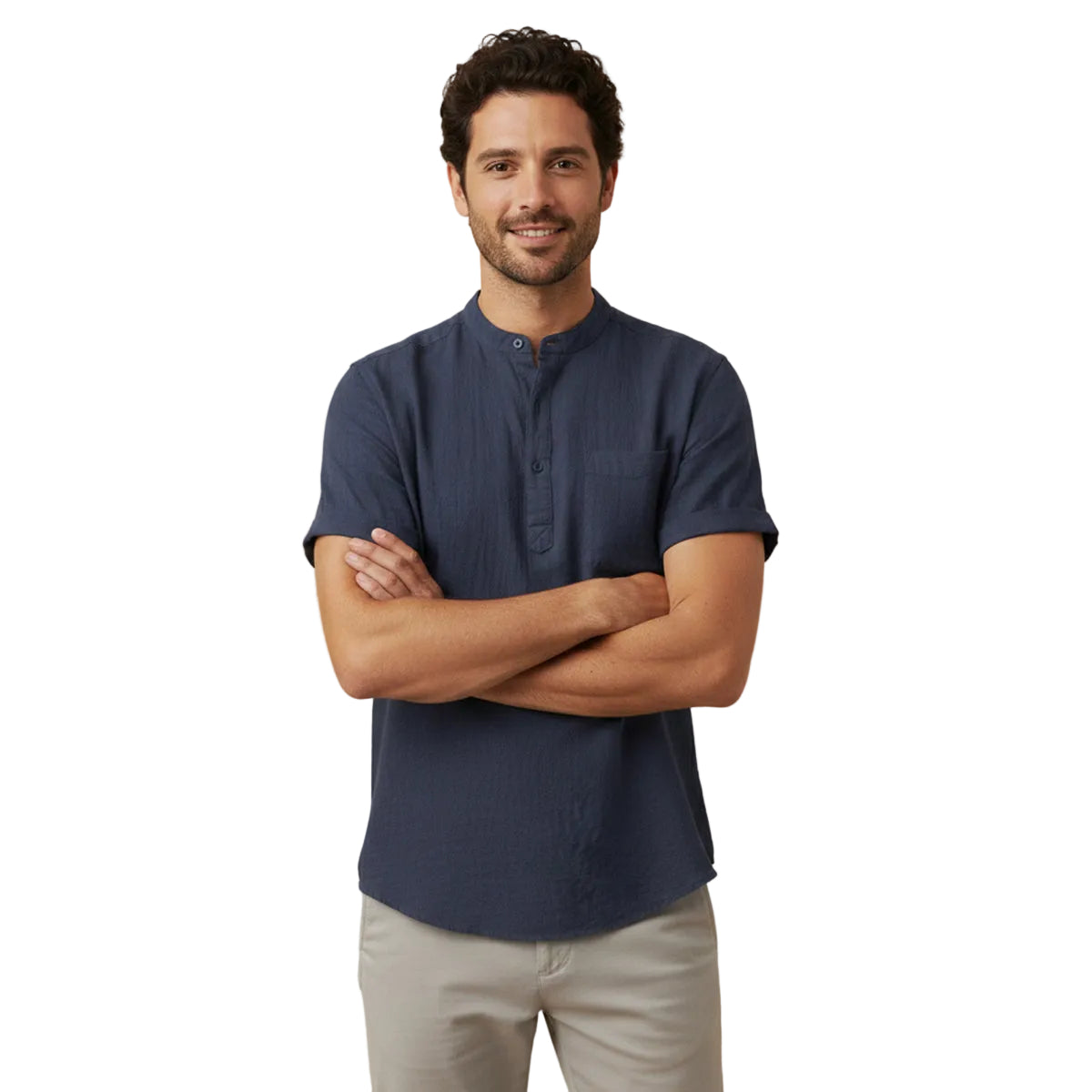 Herren Hemd Baumwolle Lockere Passform Kurzarm Henley
