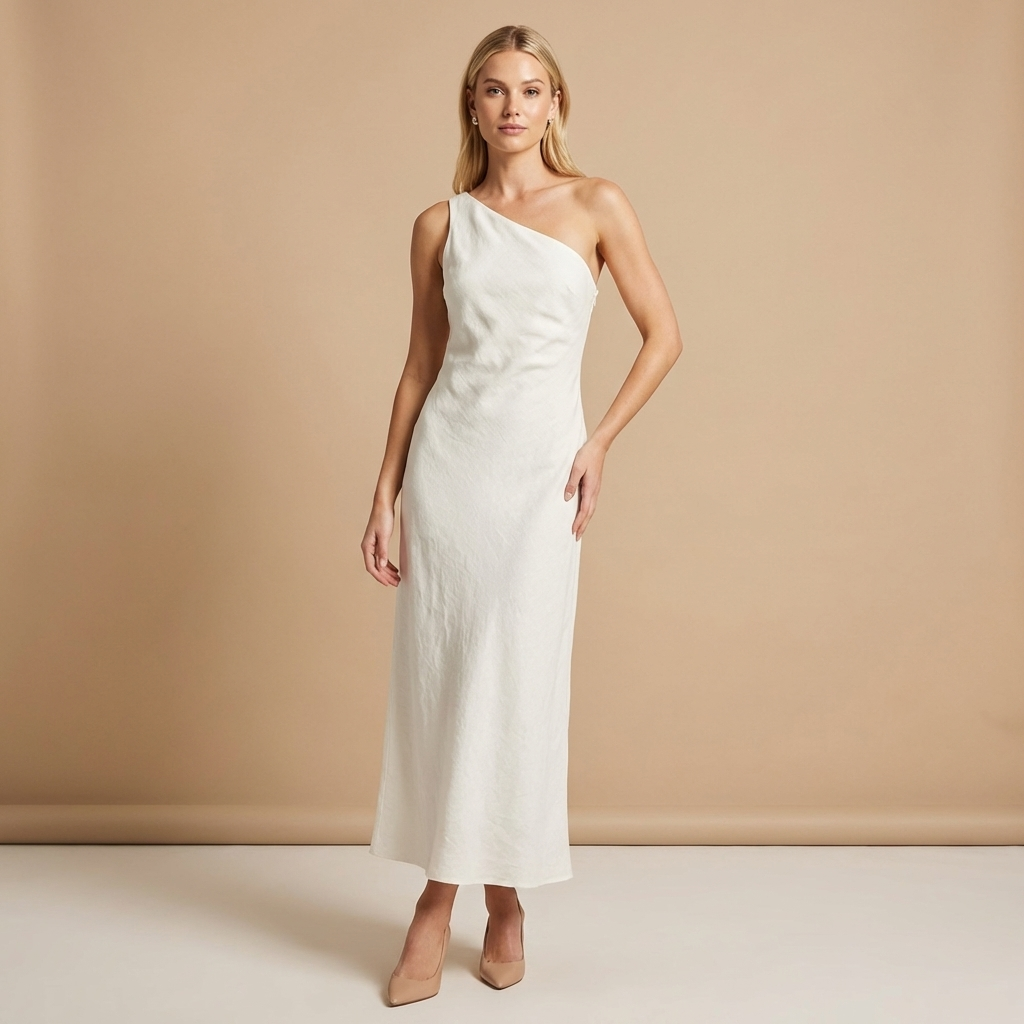 Leinen Kleid Damen Aermellos Asymmetrischer Saum Leinenmischung