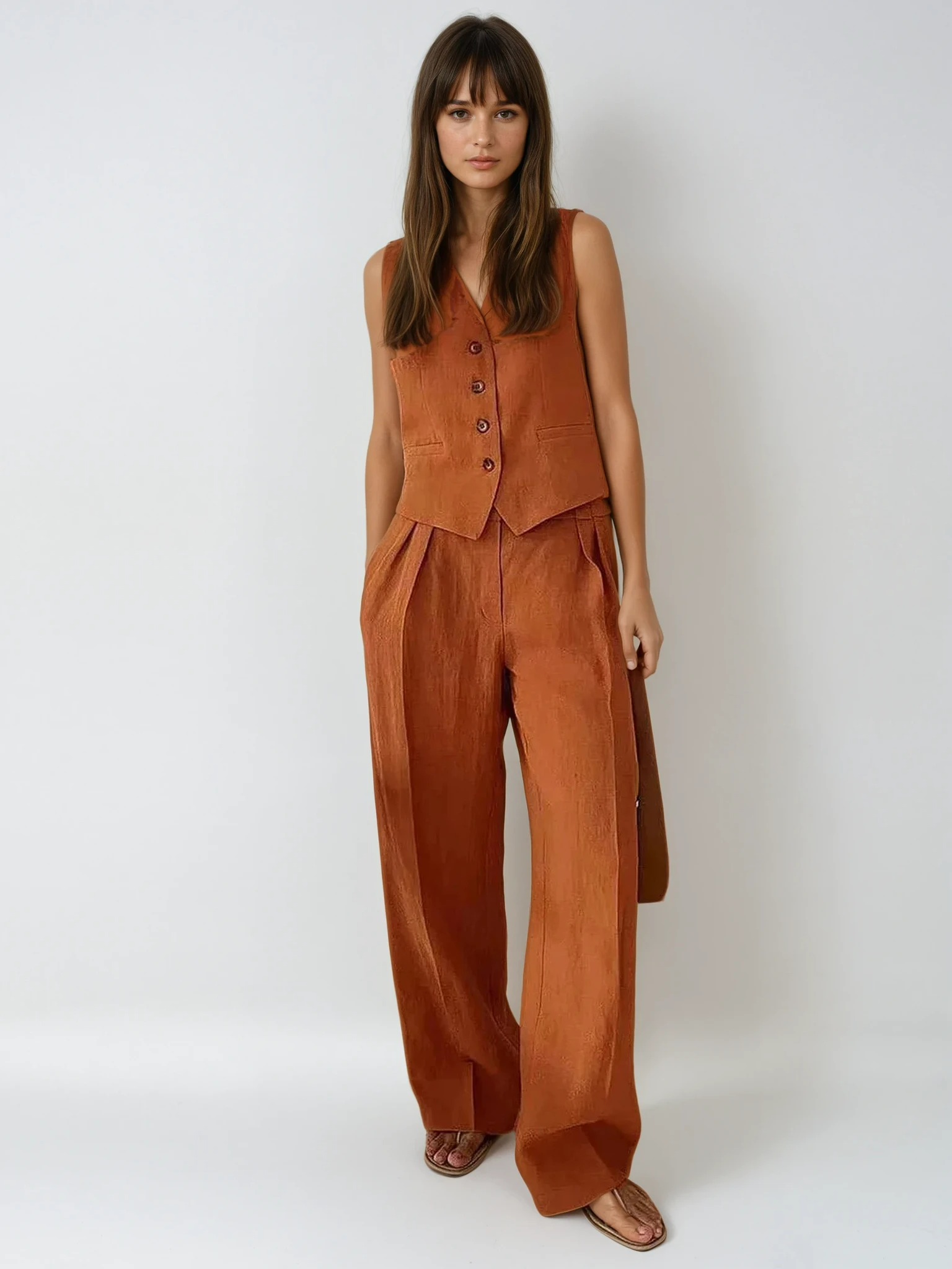 Leinen Set Damen Weste Knopfleiste Weite Hose Baumwoll Leinen