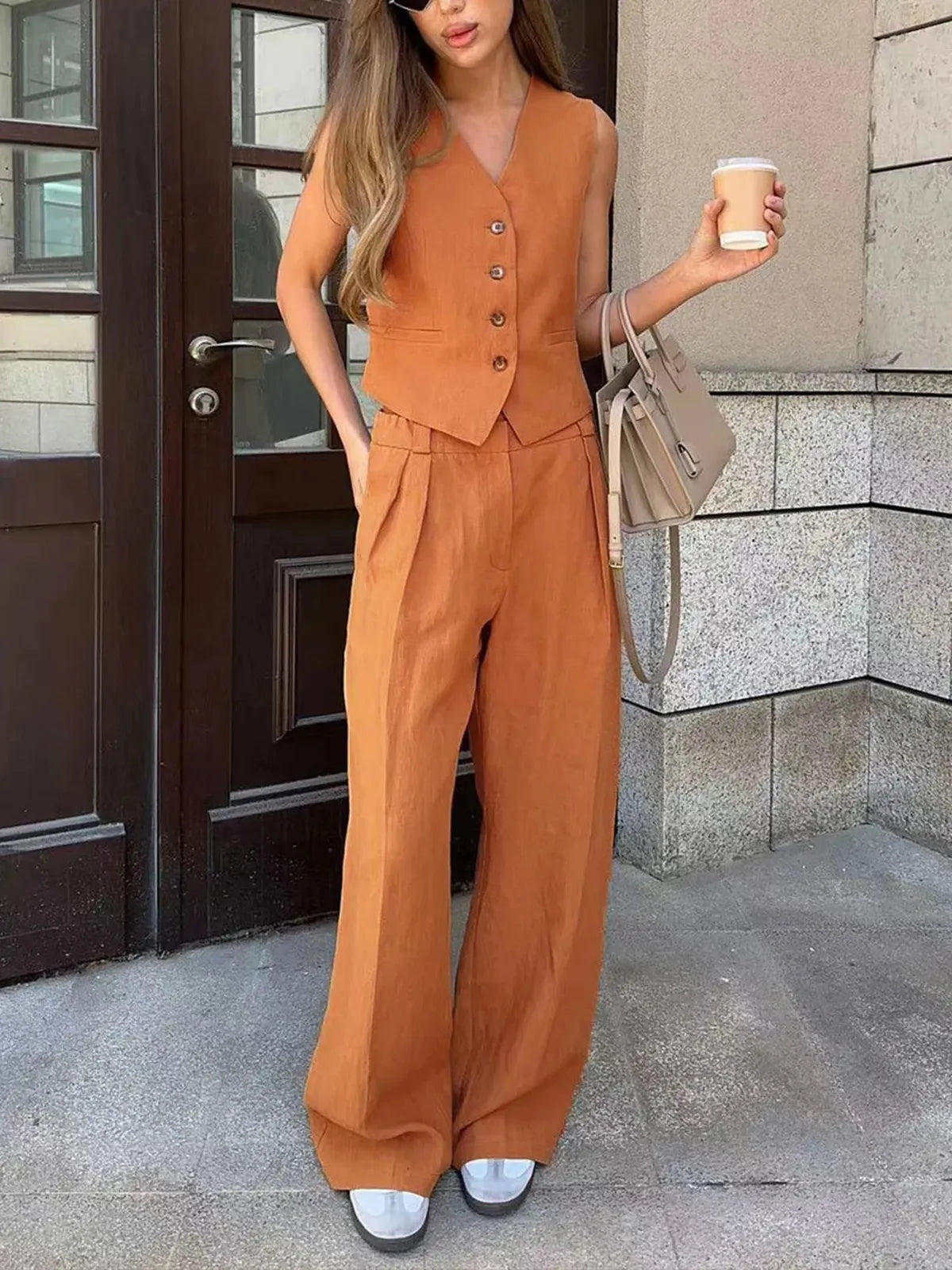 Leinen Set Damen Weste Knopfleiste Weite Hose Baumwoll Leinen