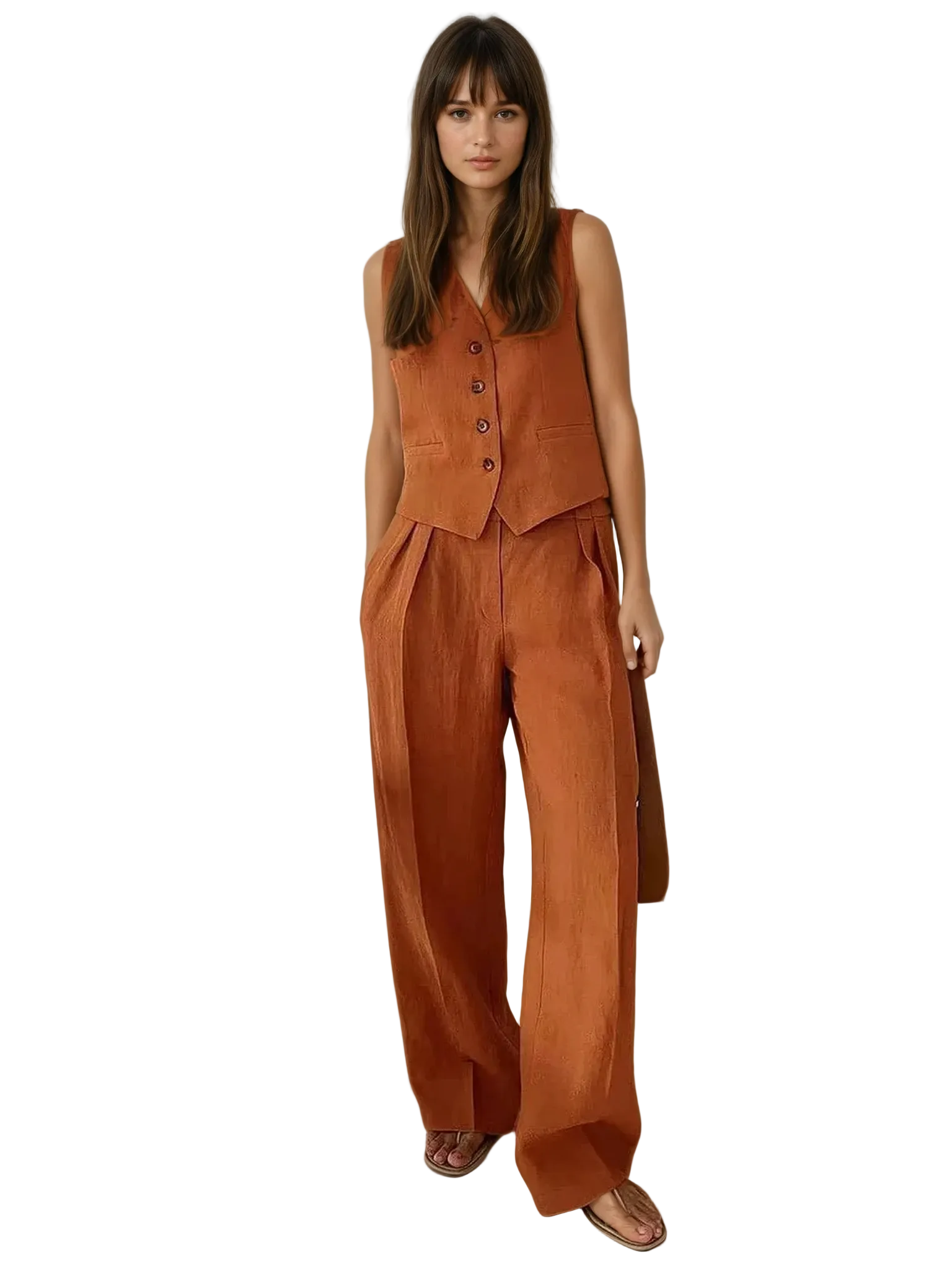 Leinen Set Damen Weste Knopfleiste Weite Hose Baumwoll Leinen