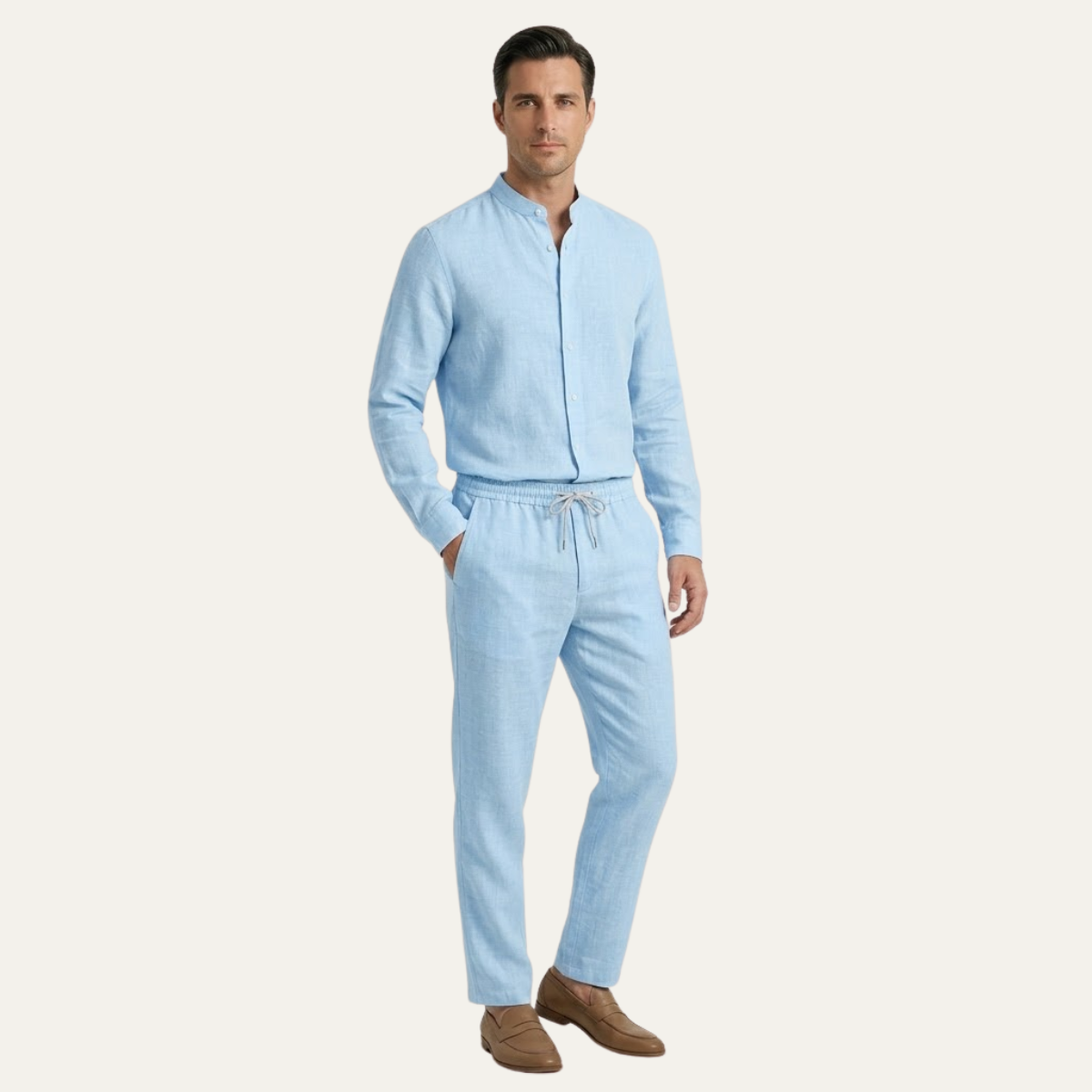 Herren Set Baumwolle Leinen Lockere Passform Hemd Hose