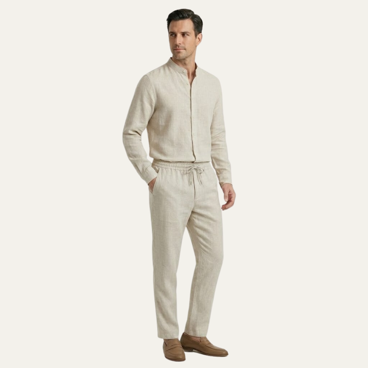 Herren Set Baumwolle Leinen Lockere Passform Hemd Hose