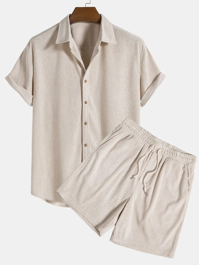 Set Herren Hemd Shorts Leinen Kurzarm Kordelzug