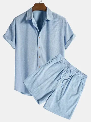 Set Herren Hemd Shorts Leinen Kurzarm Kordelzug