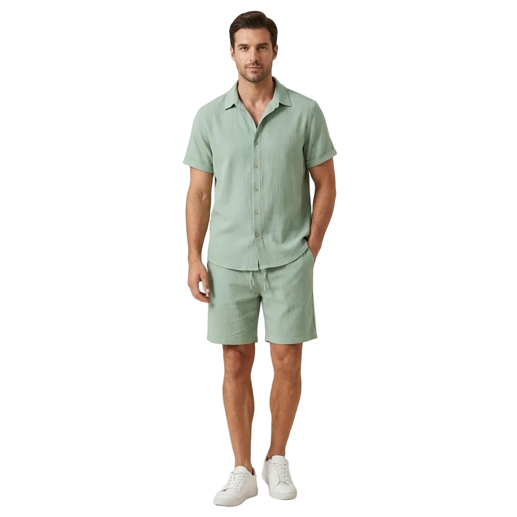Leinen Set Herren Kurzarm Hemd Shorts Kordelzug Lockere Passform