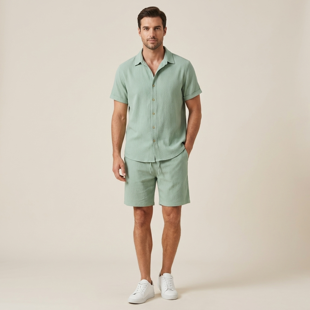 Leinen Set Herren Kurzarm Hemd Shorts Kordelzug Lockere Passform