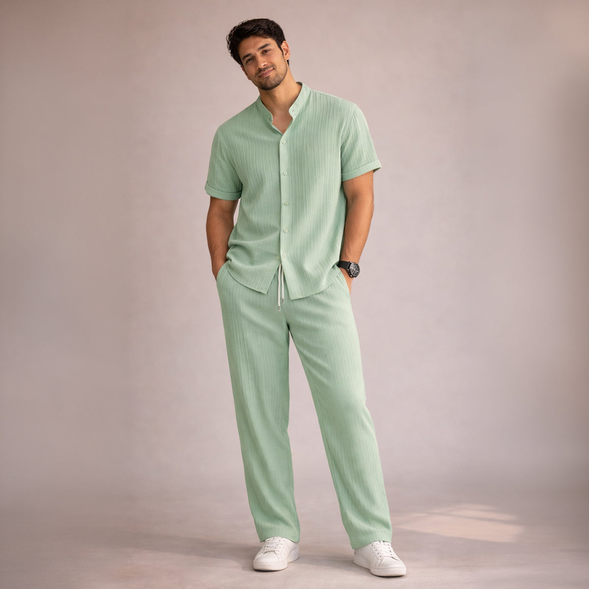Herren Set Leinen Kurzarm Knopfleiste Elastischer Bund