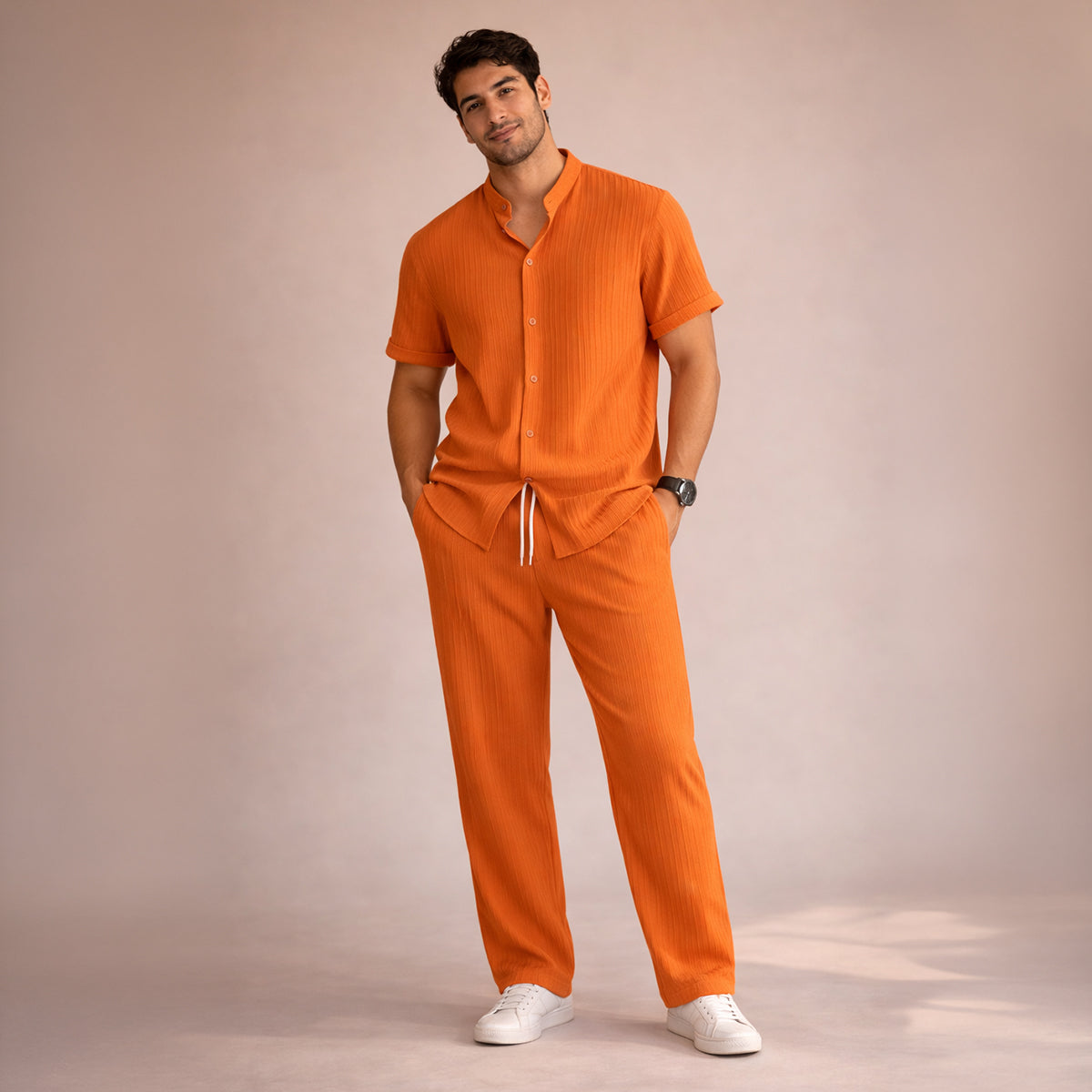 Herren Set Leinen Kurzarm Knopfleiste Elastischer Bund