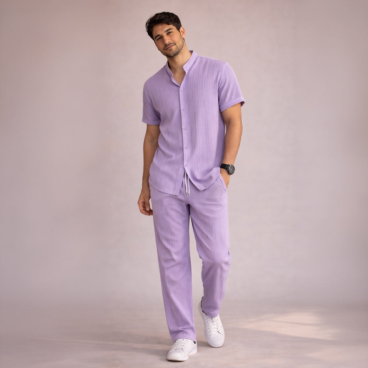 Herren Set Leinen Kurzarm Knopfleiste Elastischer Bund