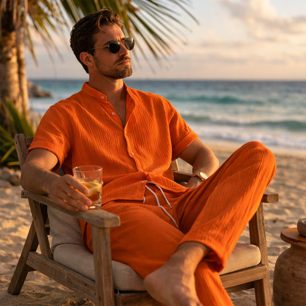 Herren Set Leinen Kurzarm Knopfleiste Elastischer Bund