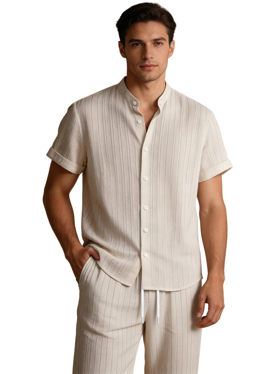 Leinen Set Herren Kurzarm Oberteil Hose Kordelzug Lockere Passform