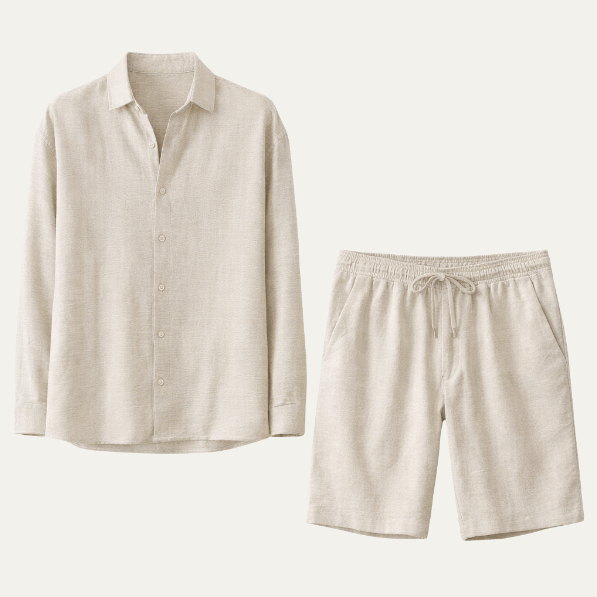 Leinen Set Herren Langarm Hemd Shorts Lockere Passform