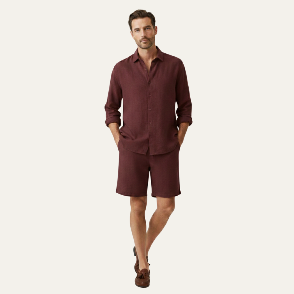Leinen Set Herren Langarm Hemd Shorts Lockere Passform