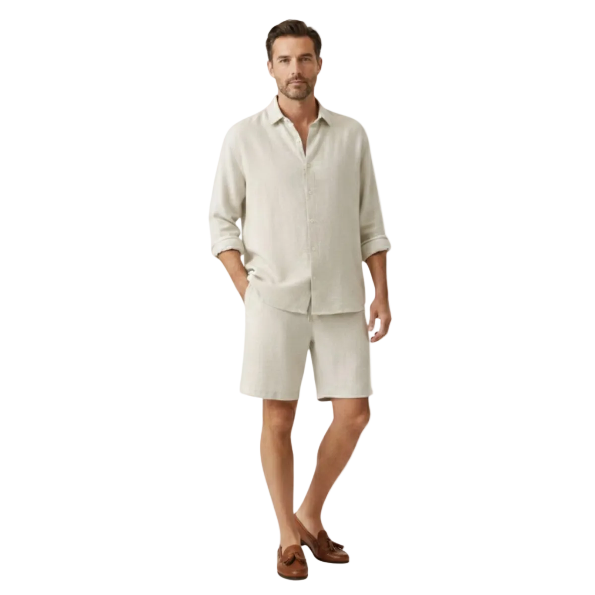 Leinen Set Herren Langarm Hemd Shorts Lockere Passform