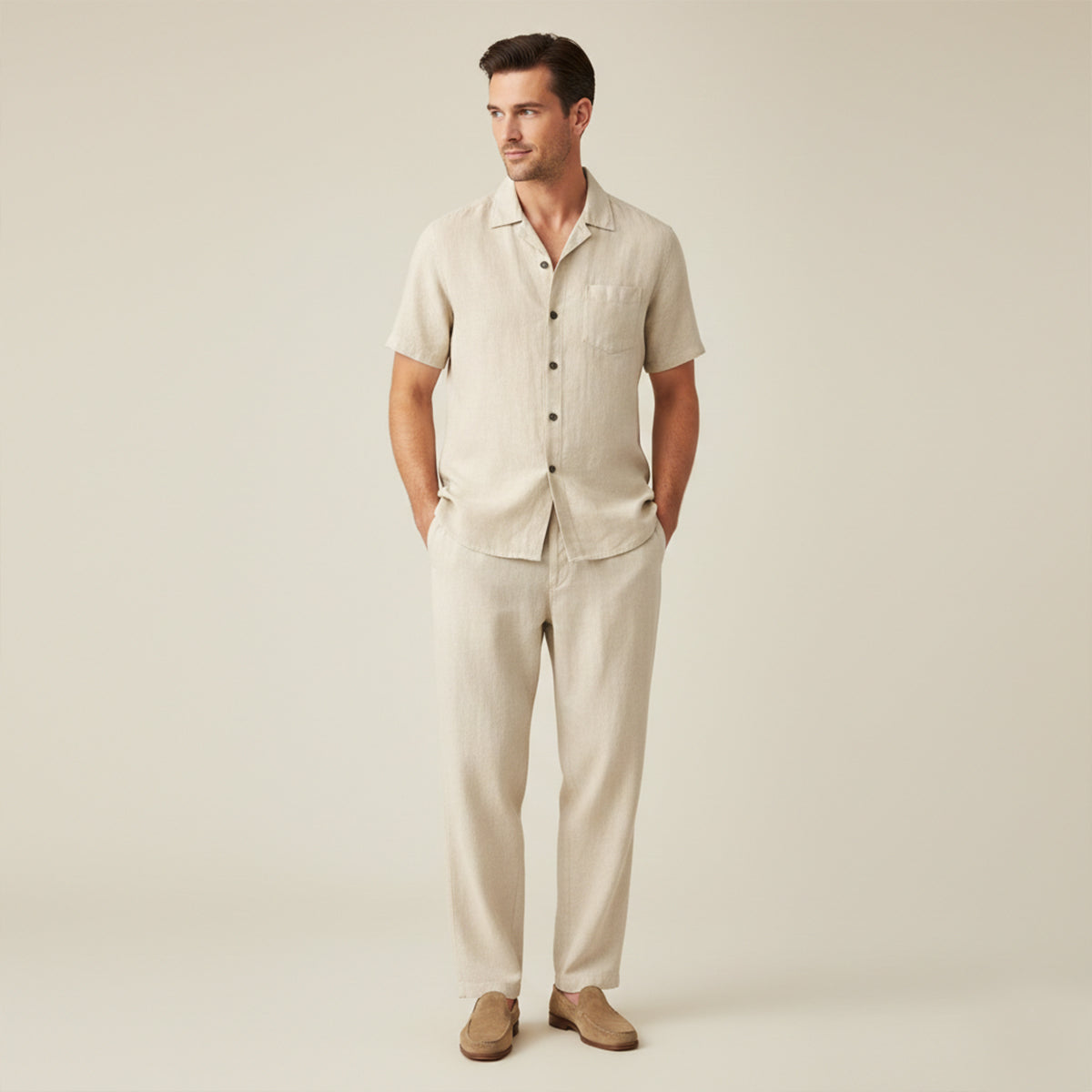 Herren Set Leinen Lockere Passform Hemd Hose Zweiteilig