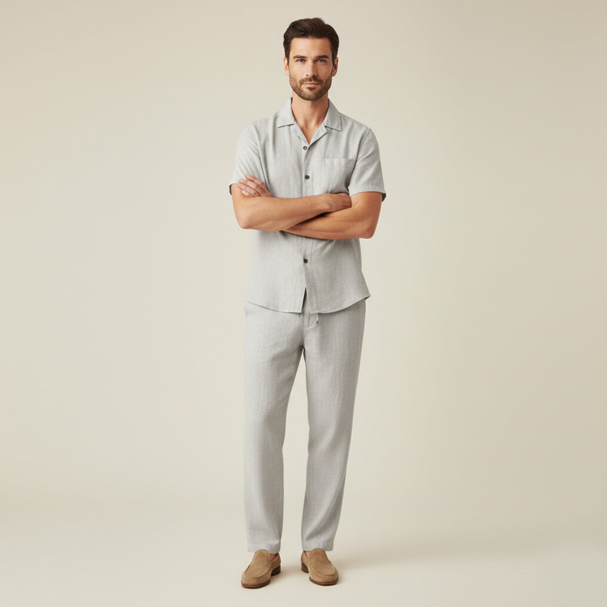 Herren Set Leinen Lockere Passform Hemd Hose Zweiteilig