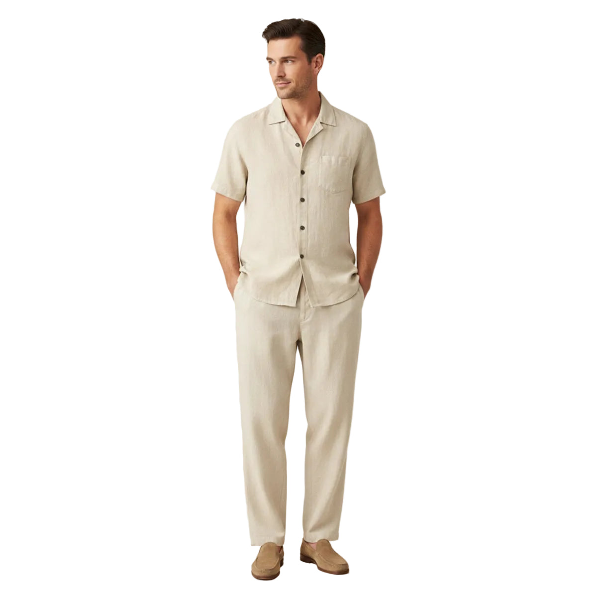 Leinen Set Herren Lockere Passform Hemd Hose Zweiteilig