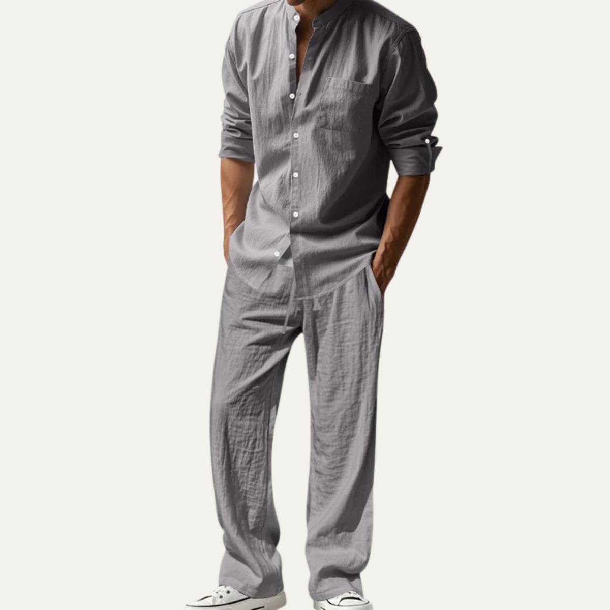 Herren Set Leinen Lockere Passform Langarm Knopfleiste