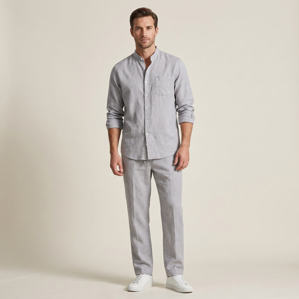 Herren Set Leinen Lockere Passform Langarm Knopfleiste