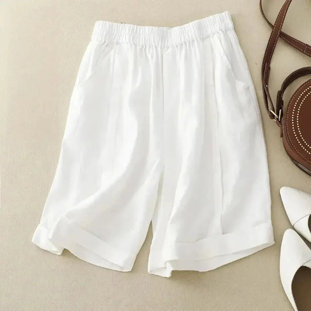 Leinen Shorts Damen Elastischer Bund Umschlag Saum Lockere Passform