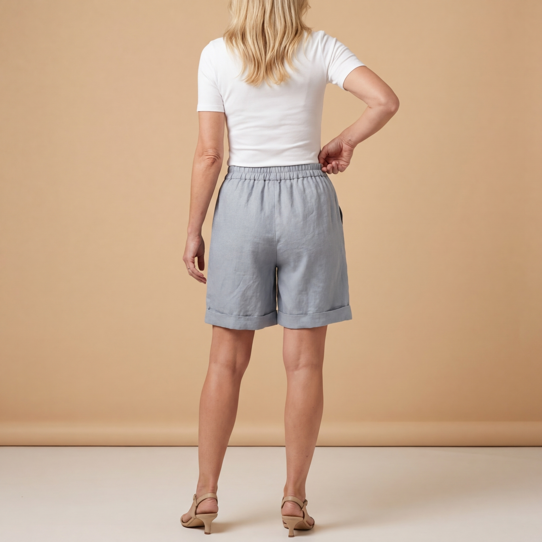 Leinen Shorts Damen Elastischer Bund Umschlag Saum Lockere Passform