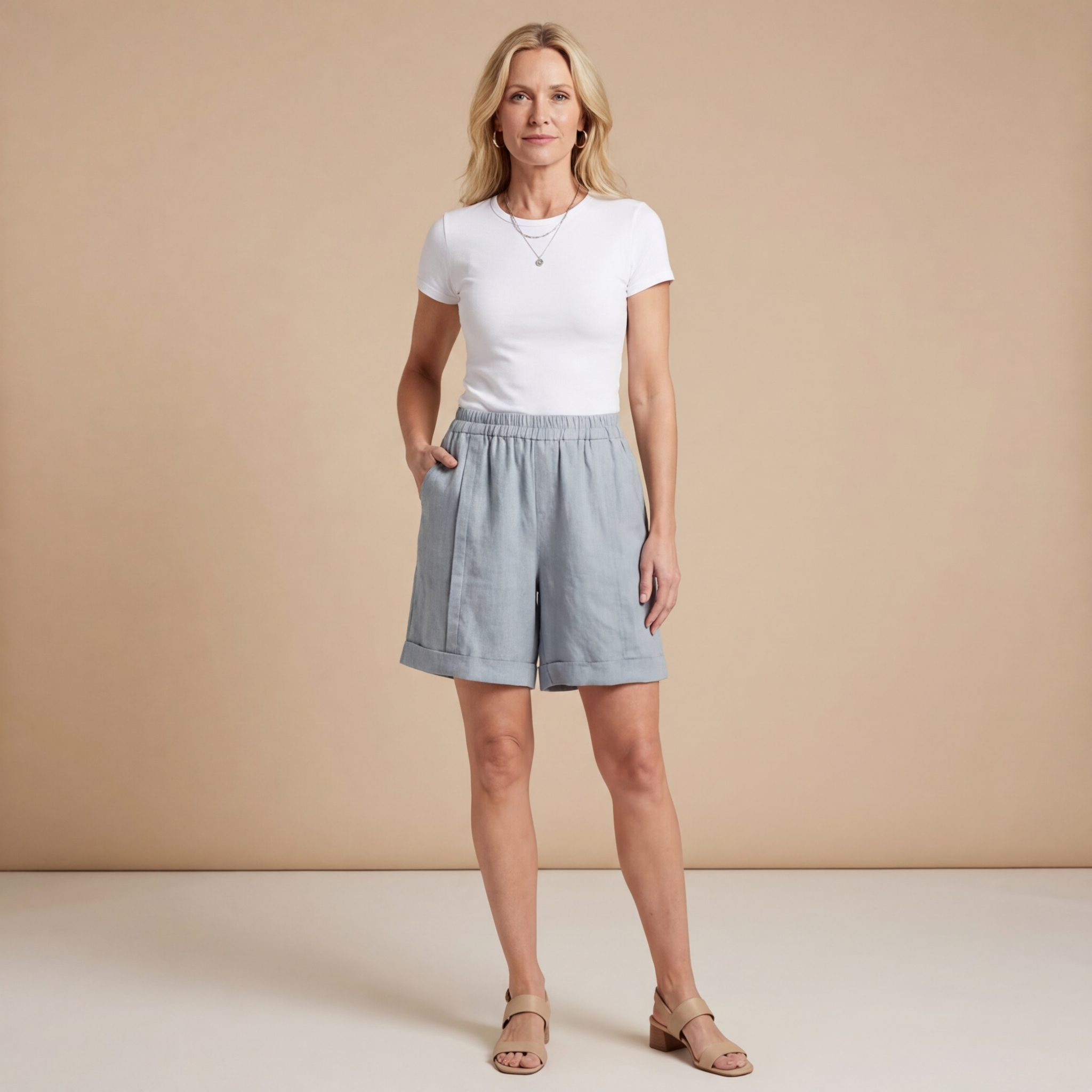 Leinen Shorts Damen Elastischer Bund Umschlag Saum Lockere Passform
