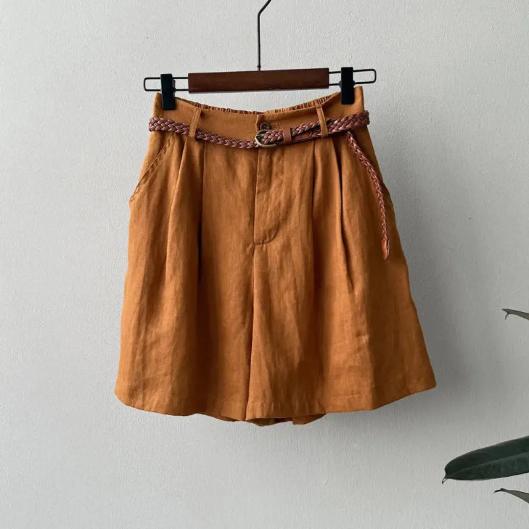 Leinen Shorts Damen Hoher Bund Falten Gürtel Elastischer Bund