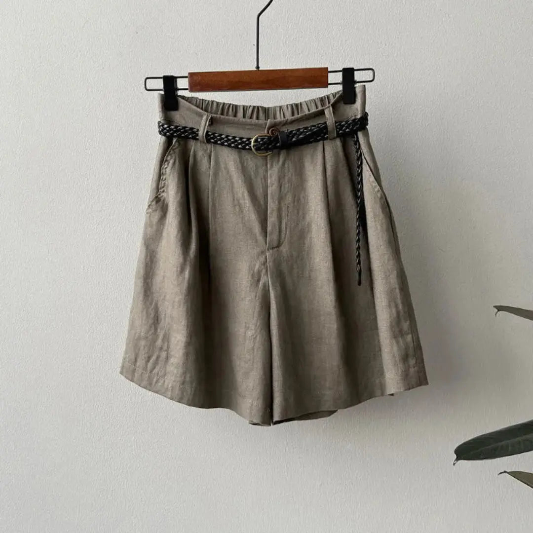Leinen Shorts Damen Hoher Bund Falten Gürtel Elastischer Bund