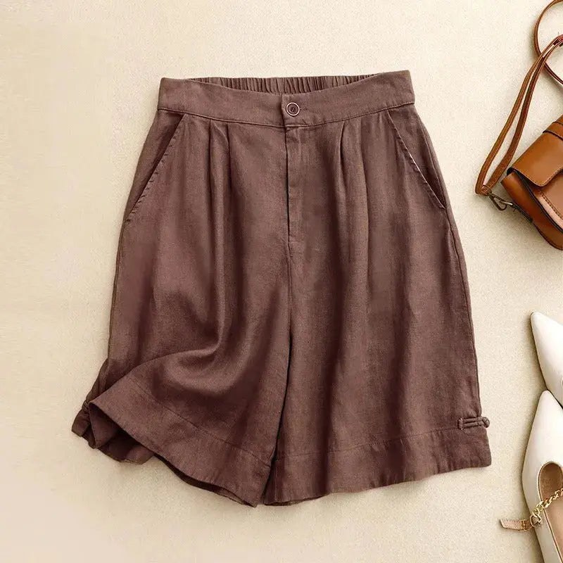 Leinen Shorts Damen Hoher Bund Knopfverschluss Gürtelschlaufen
