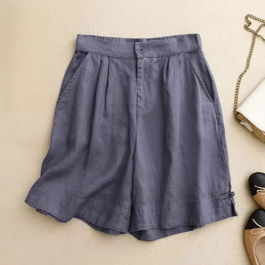 Leinen Shorts Damen Hoher Bund Knopfverschluss Gürtelschlaufen