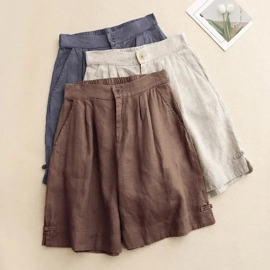Leinen Shorts Damen Hoher Bund Knopfverschluss Gürtelschlaufen