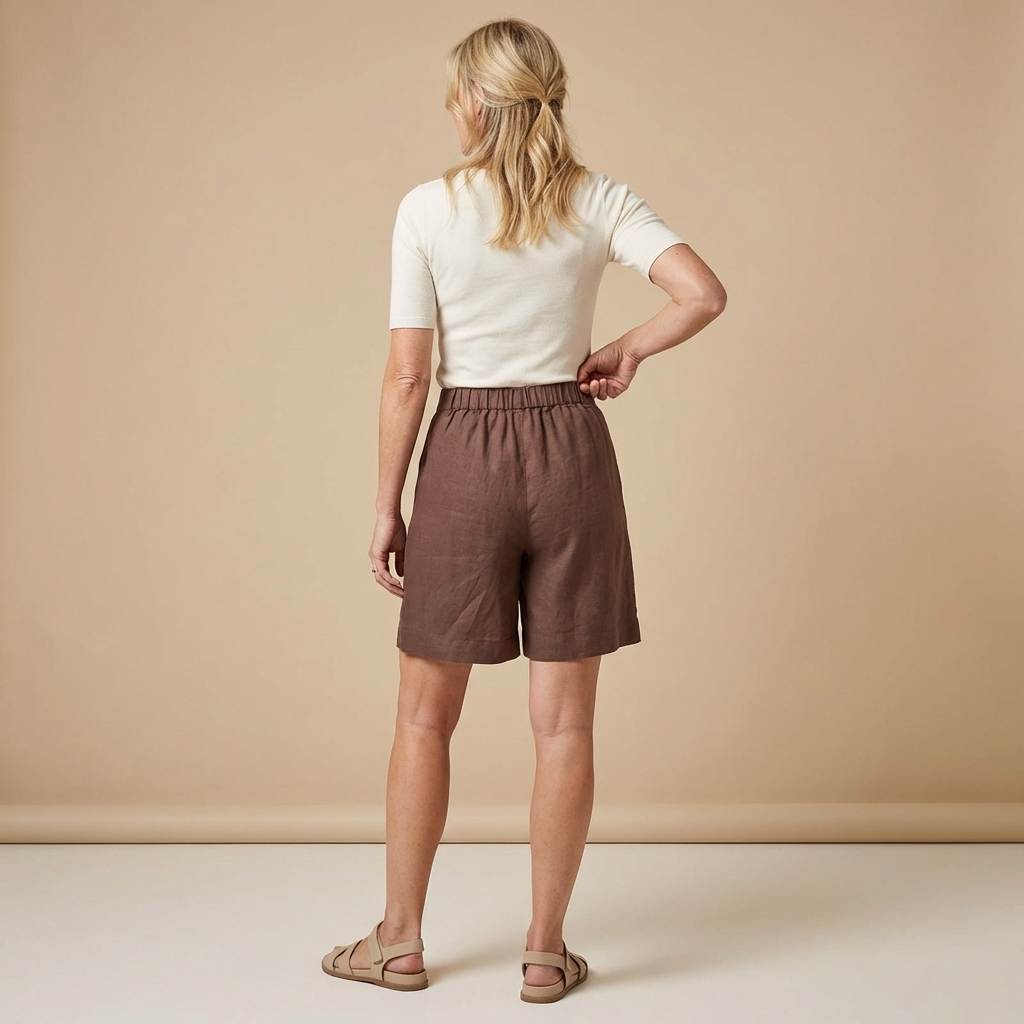 Leinen Shorts Damen Hoher Bund Knopfverschluss Gürtelschlaufen