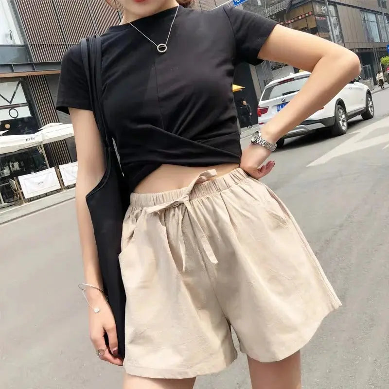 Leinen Shorts Damen Hoher Bund Kordelzug Schraege Taschen