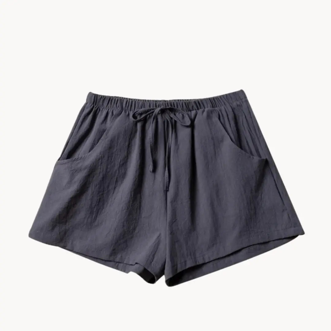 Leinen Shorts Damen Hoher Bund Kordelzug Schraege Taschen