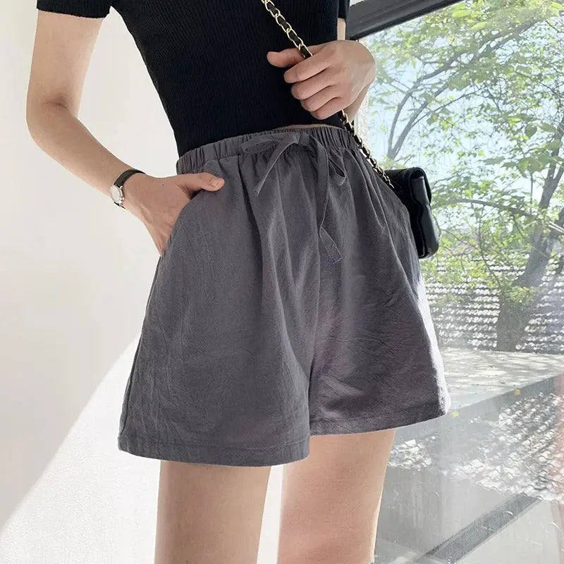 Leinen Shorts Damen Hoher Bund Kordelzug Schraege Taschen