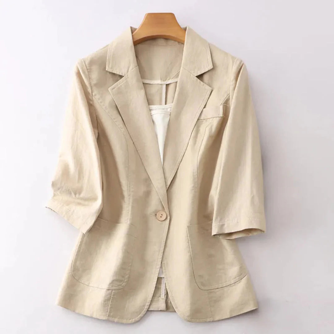 Leinenblazer Damen Lockere Passform Dreiviertelarm Knopfverschluss