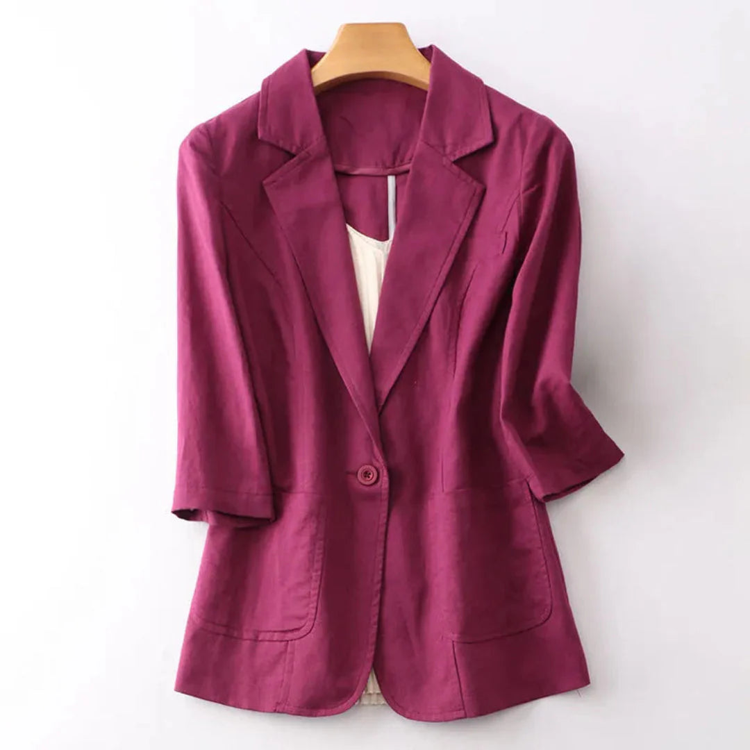 Leinenblazer Damen Lockere Passform Dreiviertelarm Knopfverschluss
