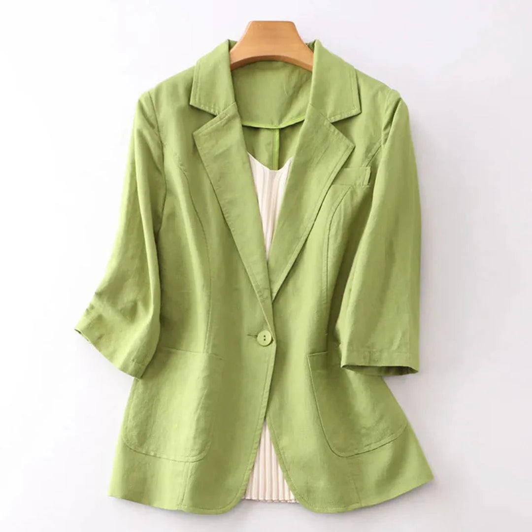 Leinenblazer Damen Lockere Passform Dreiviertelarm Knopfverschluss