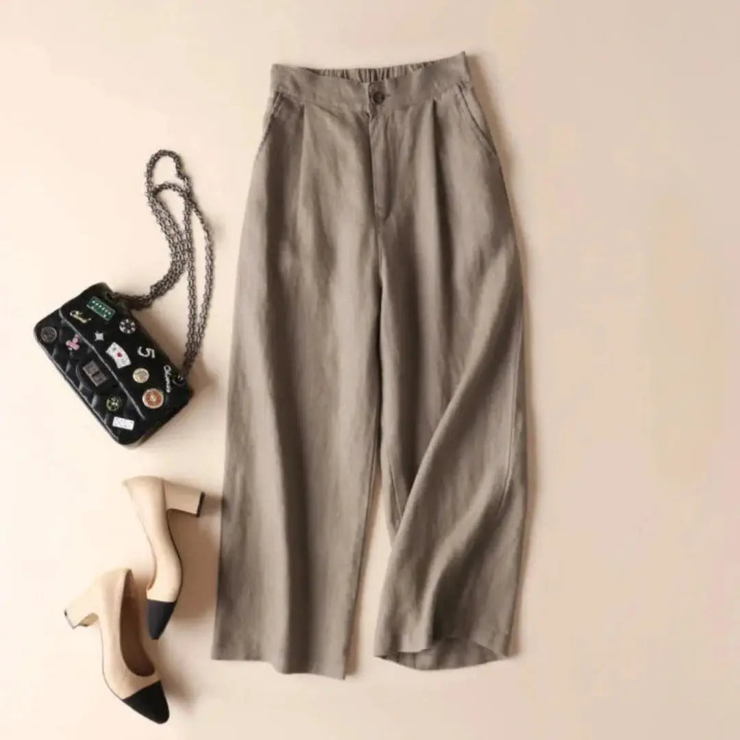 Leinenhose Damen Hohe Taille Weiter Beinverlauf Falten
